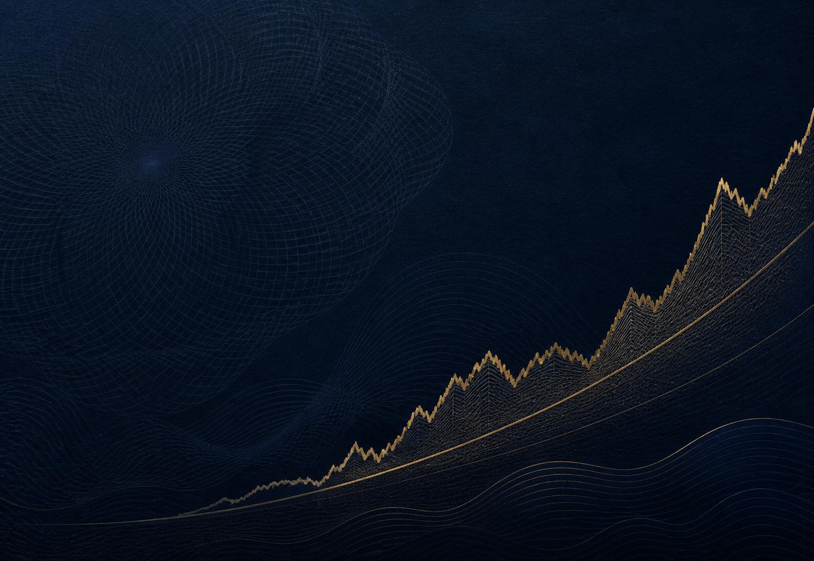 Abstract engraved navy and brass illustration of a rising portfolio curve